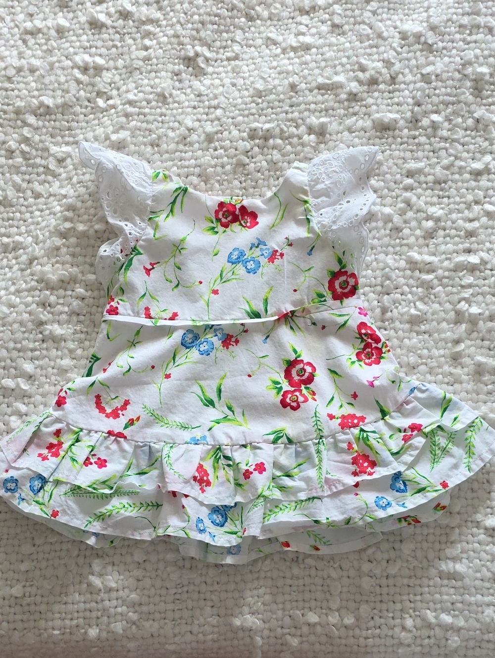 Janie and Jack White Floral Baby Dress with Red and Blue Blooms 3-6 m